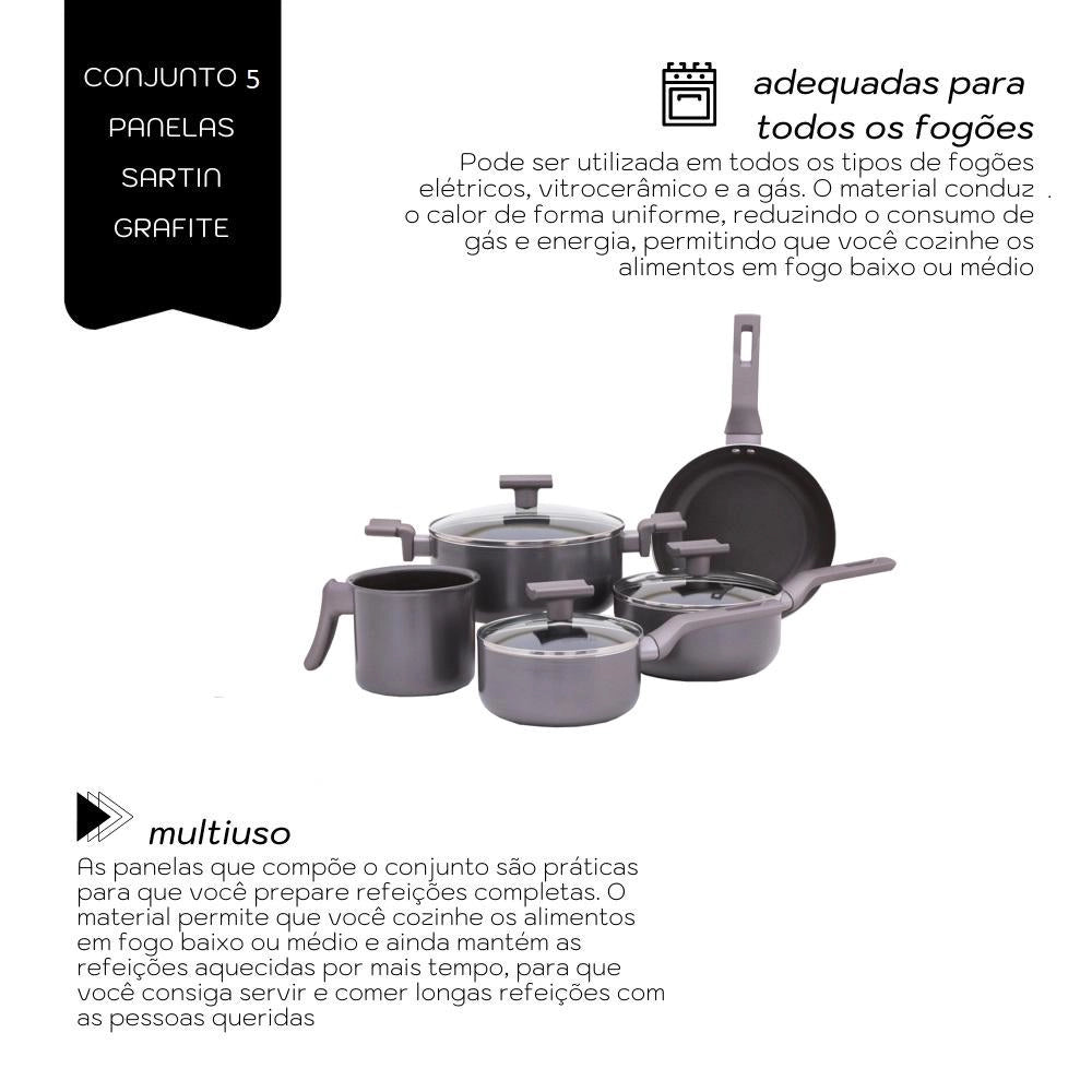 Conjunto de Panelas Cerâmica Sartin 5 Peças Grafite