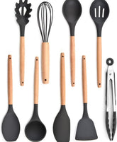 Kit De Utensílios De Cozinha De Silicone Com Cabo De Madeira 12 Peças Antiaderente Preto