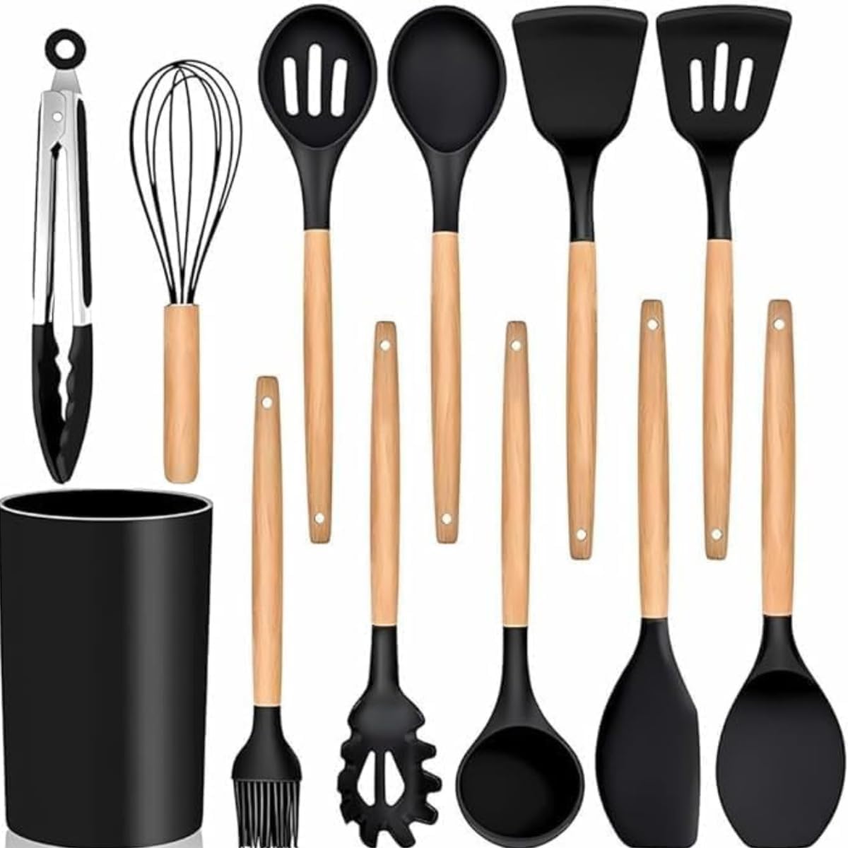 Kit De Utensílios De Cozinha De Silicone Com Cabo De Madeira 12 Peças Antiaderente Preto